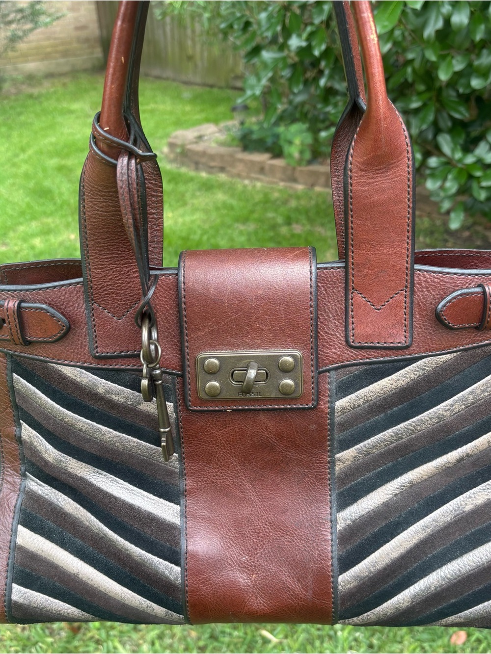 Fossil Black Leather Handbag with Gold Logo Plate with wallet